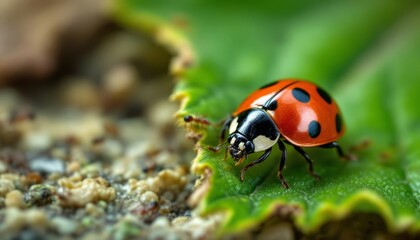 Fototapeta premium Close-up of a vibrant ladybug perched on a green leaf with tiny ants nearby crawling on the ground