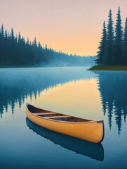 Obraz premium Tranquil Sunrise over Misty Lake with Yellow Canoe and Reflections