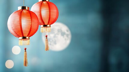 Enchanting red paper lanterns with delicate golden tassels gently swaying in the night sky creating a serene and atmospheric scene against the backdrop of a softly lit full moon
