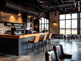 Fototapeta premium Urban boutique inn with industrialstyle decor, exposed brick walls, and trendy coffee shop in the lobby