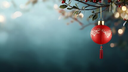Festive red lanterns hanging on the golden branches of a tree creating a warm and cozy atmosphere with glowing lights that exude the magic and joy of the holiday season