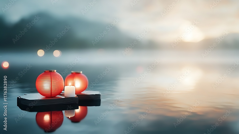 Aufkleber floating red lanterns casting a warm glow on the calm still waters of a lake at dusk creating a sere