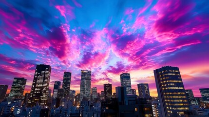 Fototapeta premium Vibrant Sunset Over Urban Skyline with Colorful Clouds