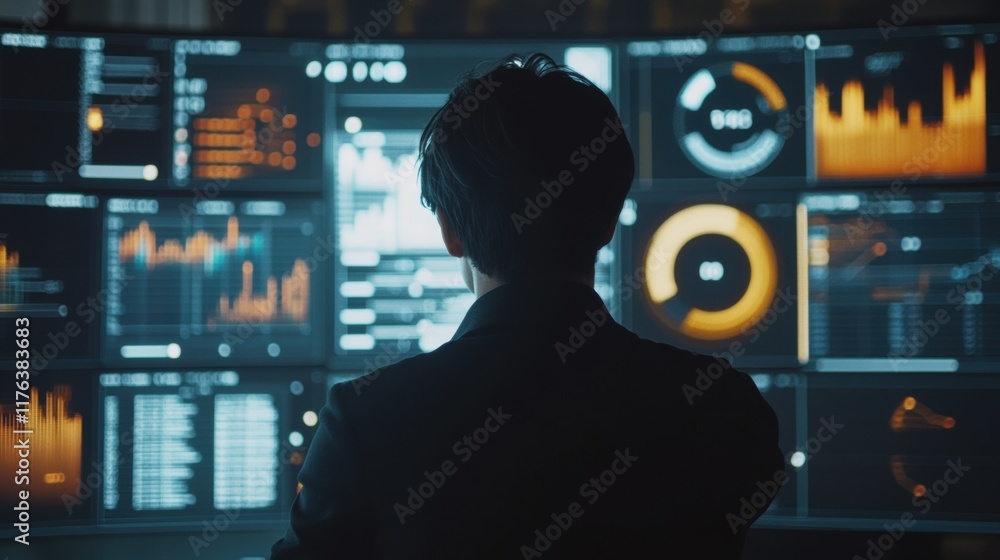 Poster data analysis insights modern office digital display tech environment rear view visualization concep