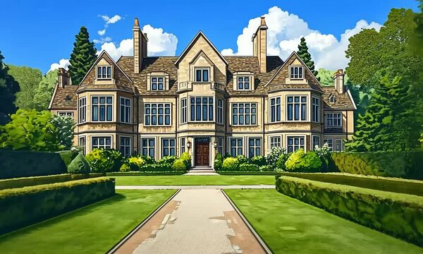 Elegant mansion nestled in lush greenery under a bright blue sky, showcasing stunning architecture and beautifully landscaped gardens illustration cartoon with ai generated.