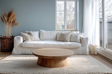 A modern minimalist interior design of a residential living room with sky-blue finished walls and white sofas and tables. Generative AI
