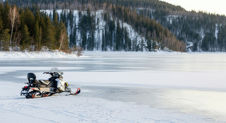 Snowmobile on frozen lake with forested backdrop in winter
