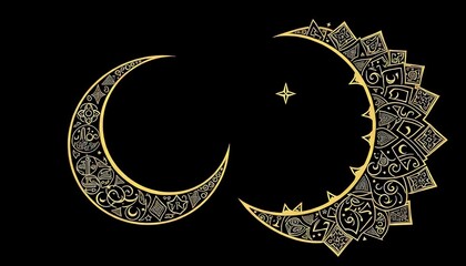 Crescent moon and a star, crescent moon has intricate floral or geometric patterns, adding an ornate touch. eid mubarak greeting card