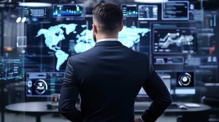 Global data trends corporate office digital visualization modern workspace professional insight