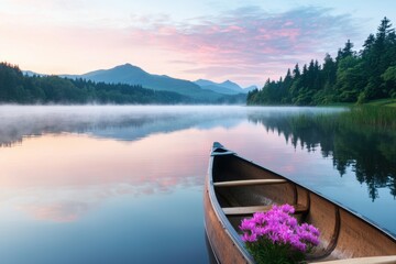 Obraz premium Peaceful Sunrise Canoe on Serene Lake with Blooming Wildflowers