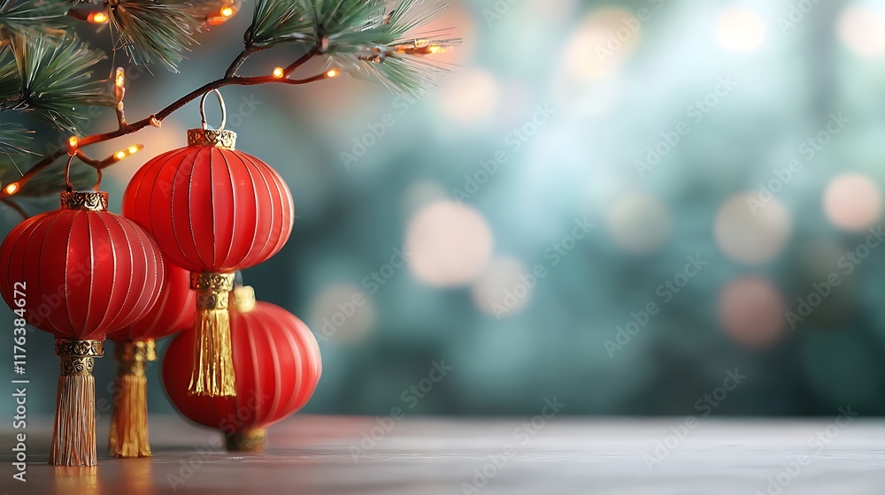 Poster glowing red chinese lanterns with golden tassels and an intricate pattern creating a festive and tra