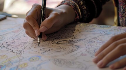 Creative drawing session art studio hand-drawn illustrations indoor close-up artistic expression