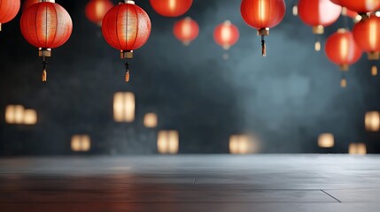 Glowing red Chinese lanterns surrounding a grand stage during a festive or cultural event  The lanterns create a warm atmospheric and enchanting environment
