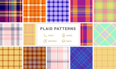 Collection of 12 vibrant plaid patterns.  Seamless vector designs in diverse colors  styles, perfect for textiles, fashion, web design, and more. High-quality, layered files for easy editing.
