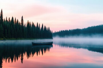 Fototapeta premium Tranquil Lake at Dawn with Mist and Silent Canoe Reflection