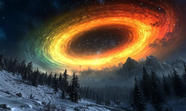 Fiery cosmic ring over snowy mountain range and pine forest at night.