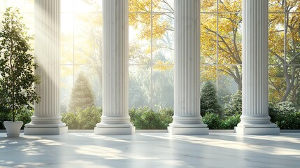 A serene interior with tall pillars and sunlight streaming through large windows.
