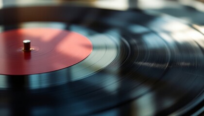 Vintage Vinyl Record Spinning on Turntable with Red Label and Catching the Sunlight