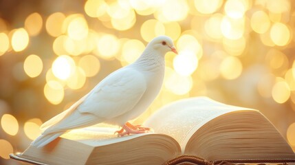 Fototapeta premium A tranquil scene with a white dove perched on an open book, illuminated by a soft yellow bokeh background, embodying peace and freedom