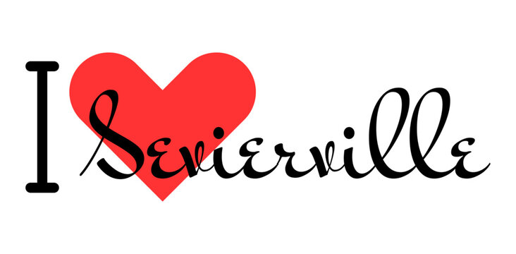 I love Sevierville, city of United States. Hand drawn letters with red heart. Vector illustration lettering, modern design
