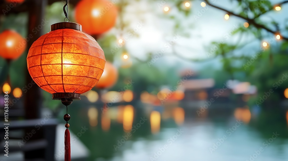 Poster glowing red lanterns are strung across a tranquil riverside setting reflecting in the still water an