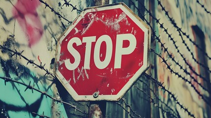 Law restriction signage stop symbol urban area road safety graffiti environment close-up view awareness concept