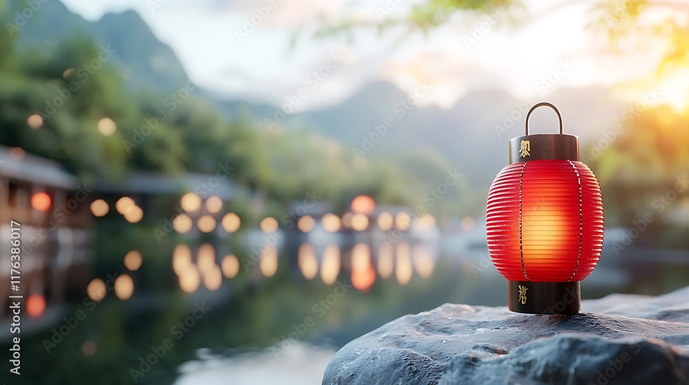 Aufkleber glowing red lanterns floating on a serene lake mirroring the tranquil mountain landscape in the soft