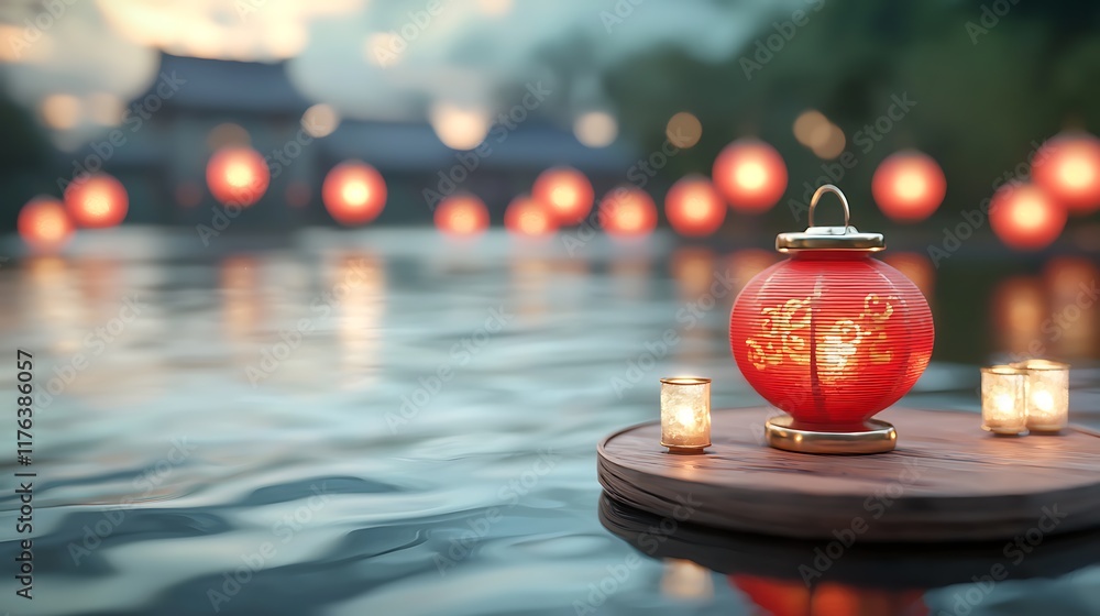 Poster glowing red lanterns floating on a serene riverside during a traditional chinese festival the lanter
