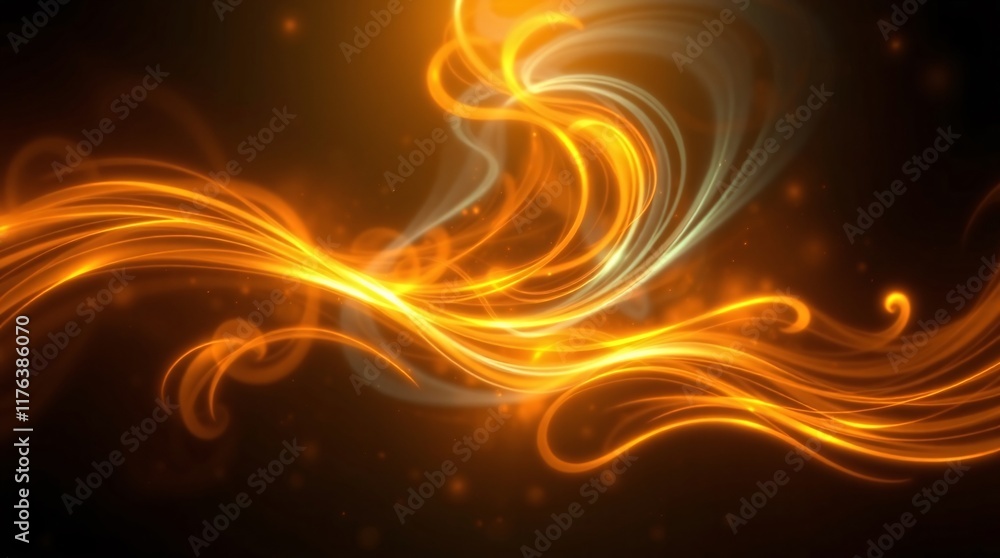 Poster elegant design featuring glowing orange and yellow flowing light patterns accentuated by fluid forms