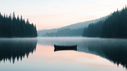 Serene Early Morning on Calm Lake with Canoe and Misty Landscape