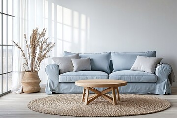 Minimalist interior design in the living room with white-finished walls, a sky blue sofa, and a wooden table. Generative AI
