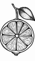 Obraz premium Intricate hand-drawn lemon slice with leaf. Ideal for food packaging, menus, or citrus-themed designs. Adds a touch of vintage charm.