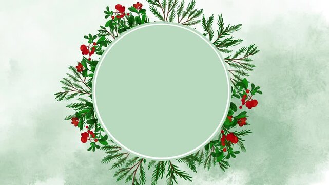 Watercolor Christmas border background animated watercolor fir branches circle, wreath, space for text. Screensaver greeting cards, natural rustic decorations, holly plant botanical New Year frame.
