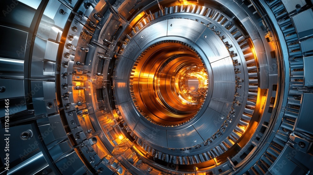 Poster intricate machinery with rotating gears and orange glow in a high-tech environment showcasing modern