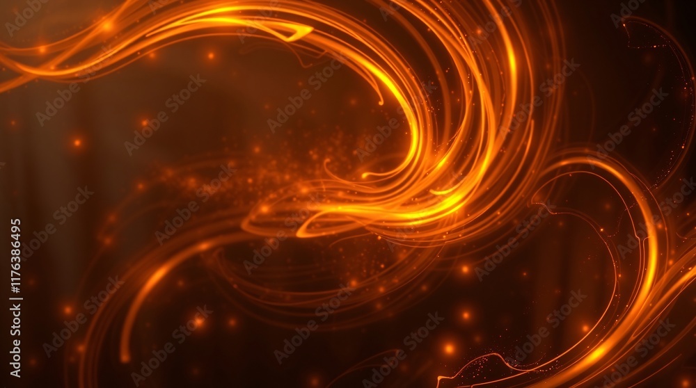 Poster elegant design featuring glowing orange and yellow flowing light patterns accentuated by fluid forms