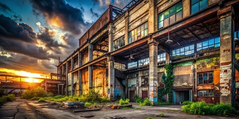 Fototapeta premium Urban Decay: Gritty Industrial Scene, Abandoned Building, Rust, Metal, Concrete, Graffiti