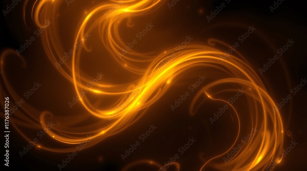 Poster elegant design featuring glowing orange and yellow flowing light patterns accentuated by fluid forms