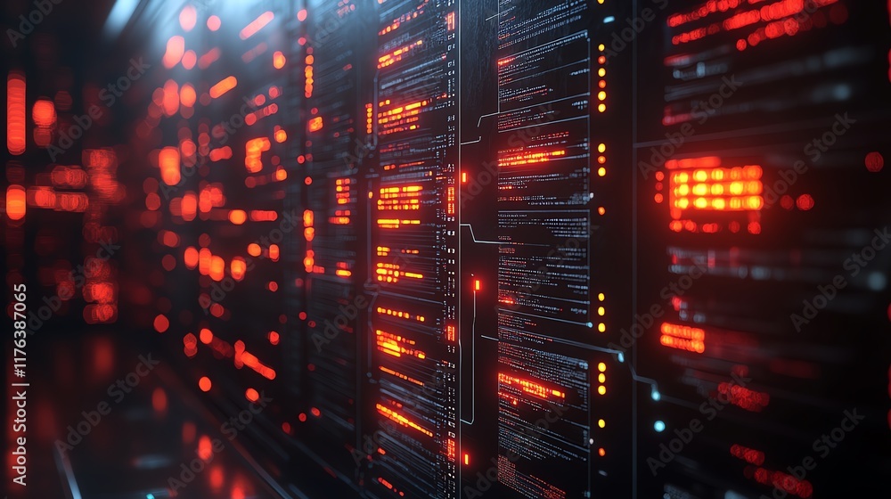 Poster futuristic server room with glowing red lights and complex data connections.