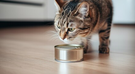Brown tabby cat sniffing sealed tin can on wooden floor