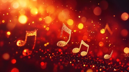 A vibrant red bokeh background with glowing golden music notes in motion, creating a festive and magical musical atmosphere