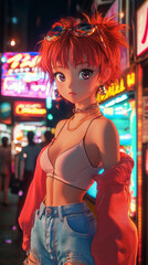 Obraz premium 80s city pop anime artwork stylish red hair character neon-lit urban retro vibe vibrant nightlife aesthetic wallpaper Japanese girl woman cute manga comic cartoon 1980s teen blush lofi music cover