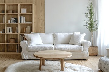 Fototapeta premium Minimalist interior design in a living room with wood to finish off parts of the wall and sofa. Generative AI 