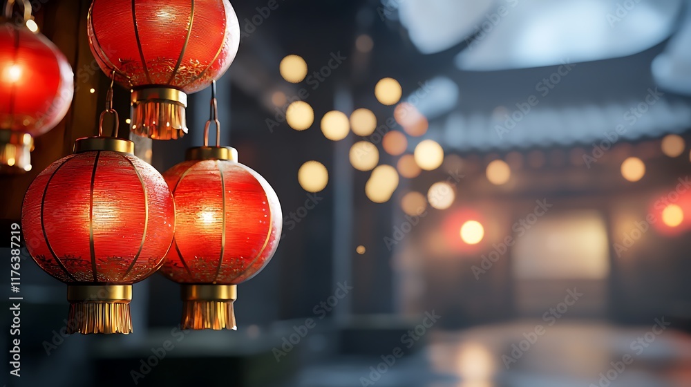 Poster glowing red lanterns hanging in a peaceful and tranquil temple courtyard creating a serene and encha