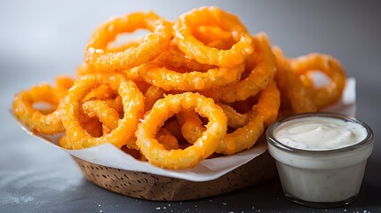Curly Fries Piled High in a Basket with a Side of Creamy Dipping Sauce, Perfectly Golden and Crispy, Ideal for Tasty Snacking or Gourmet Food Photography