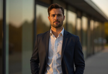Fototapeta premium A sharp and natural depiction of a man exuding confidence in an urban outdoor setting
