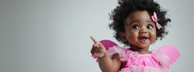 Fototapeta premium Valentine's Day banner with cute African-American kid in little Cupid costume with bold emotions and expression on their face, festive commercial background with copy space, AI generated image