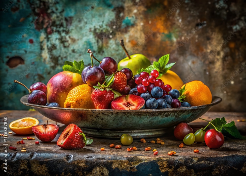 Wall mural Urban Decay Still Life: Colorful Fruits on a Weathered Plate