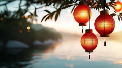 Obraz premium Glowing red lanterns illuminating the serene riverside landscape during a traditional Asian festival The tranquil water reflects the warm glow of the lanterns