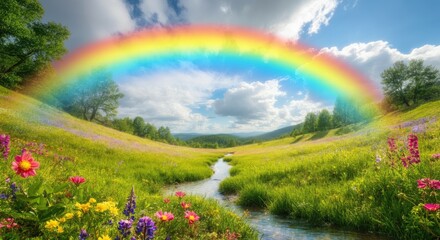 Colorful rainbow over vibrant, flower-filled meadow with serene stream and lush greenery under partly cloudy sky