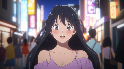 80s city pop anime artwork stylish character vibrant neon-lit urban scene retro aesthetic nostalgic Japanese nightlife culture girl woman black hair manga wallpaper lofi music cover comic cartoon